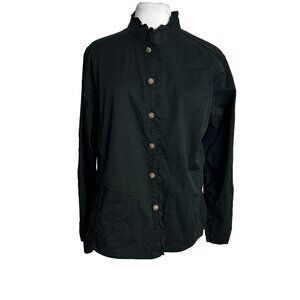 Chicos Black Button Front Light Black Jacket Size Large Ruffle Collar Womens